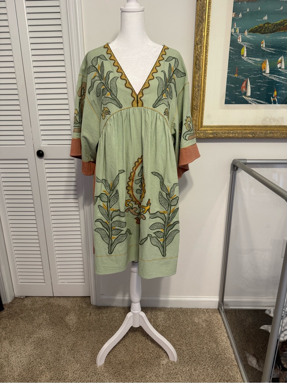 Light Green Embroidered V-Neck Boho Dress